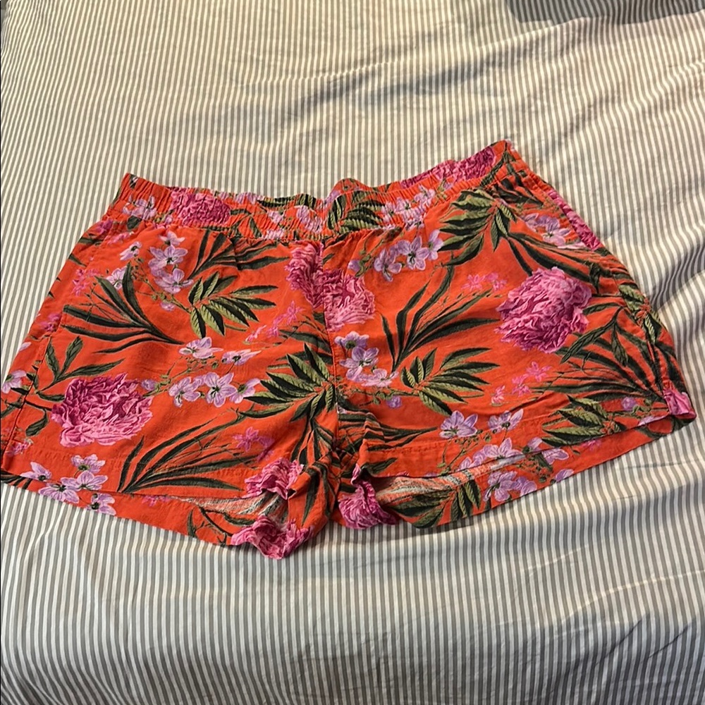 Women's Floral Orange Lounge Shorts. Linen Cotton Blend